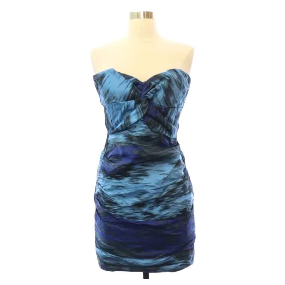Nicole Miller Art Deco Abstract Strapless Dress Blue Ocean Mini NWT Cocktail